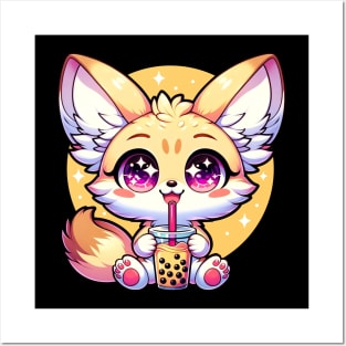 Kawaii Anime Fennec Fox Drinking Boba Bubble Tea Posters and Art